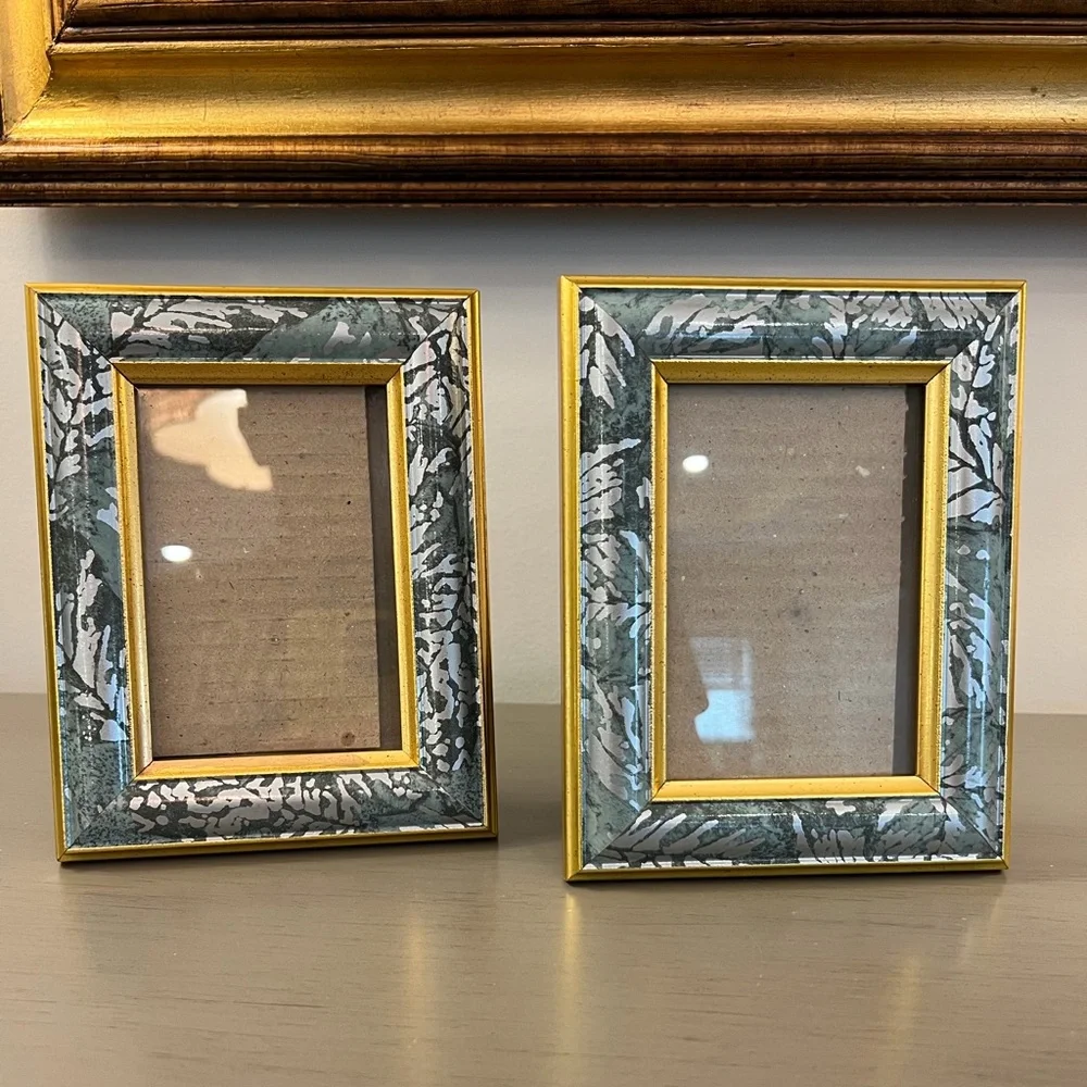 Vintage 1980’s Picture Frames Set Of 2 Floral Fauna Teal Gold Silver 5x7 Photo